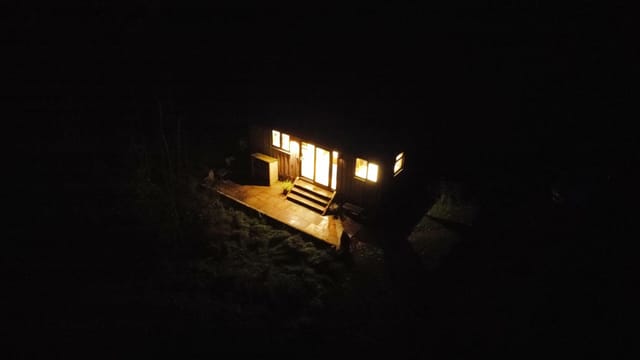 Lodge lit up at night